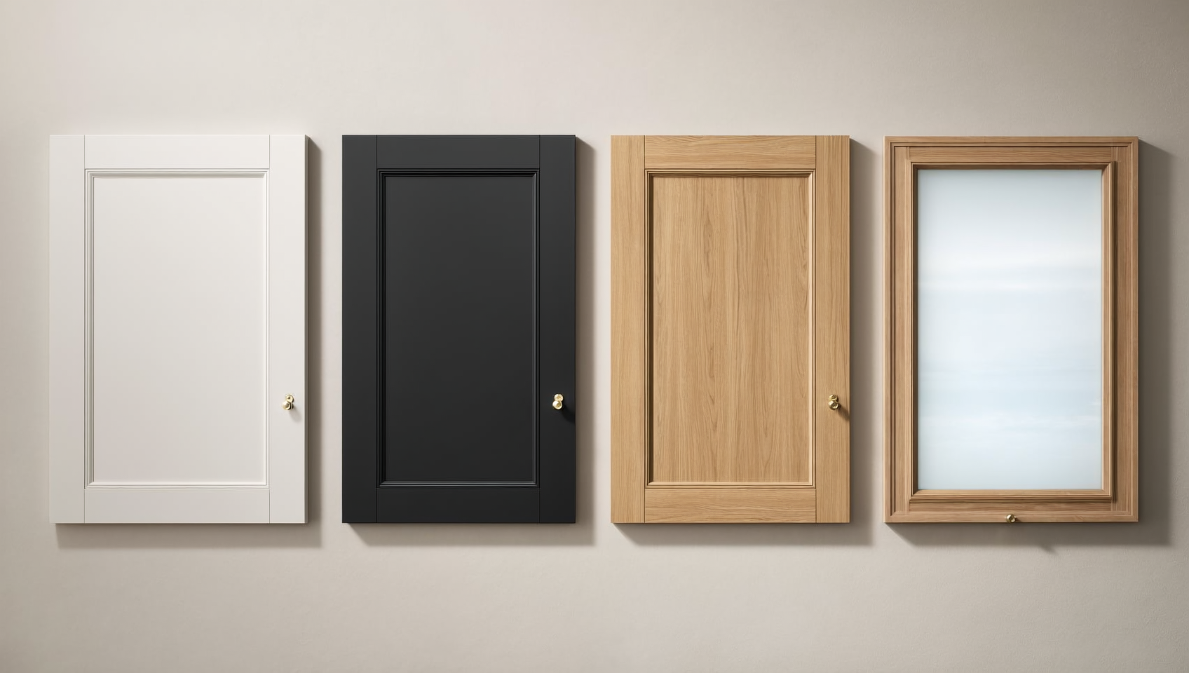 Four kitchen cabinet door style samples side by side: white Shaker, matte-black flat slab, natural rift-oak slab, and a glass-front framed door