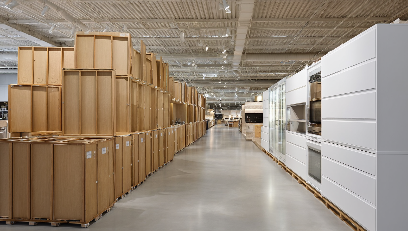 Showroom aisle of ready-to-assemble kitchen cabinet boxes stacked beside a finished white Shaker display run