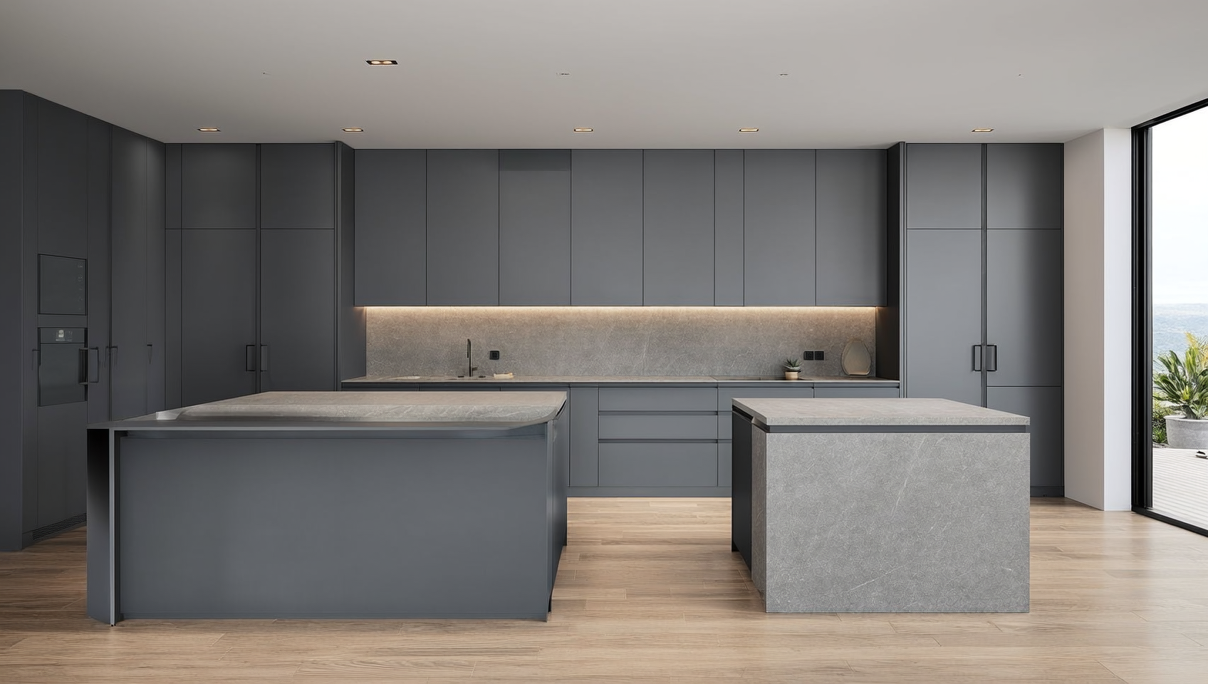 Sleek handleless modern kitchen with matte graphite flat-panel cabinets, integrated channel pulls, full-height stone backsplash, and a waterfall island