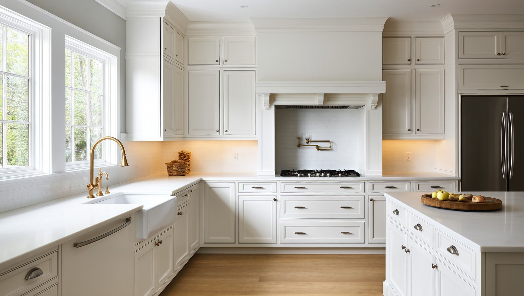Classic transitional kitchen with crisp white Shaker cabinets, quartz backsplash, farmhouse sink, brushed-nickel hardware, and warm oak floor