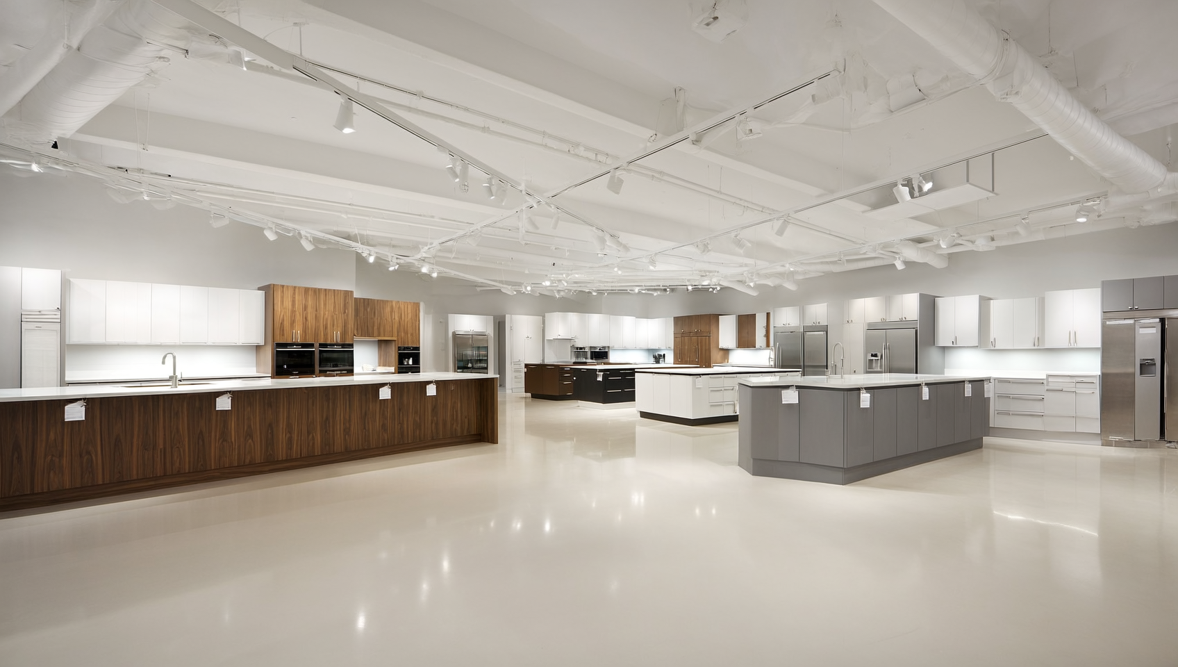 Interior of a spacious 5,000 sq ft kitchen cabinet showroom with multiple full kitchen vignettes in white, walnut, and gray finishes