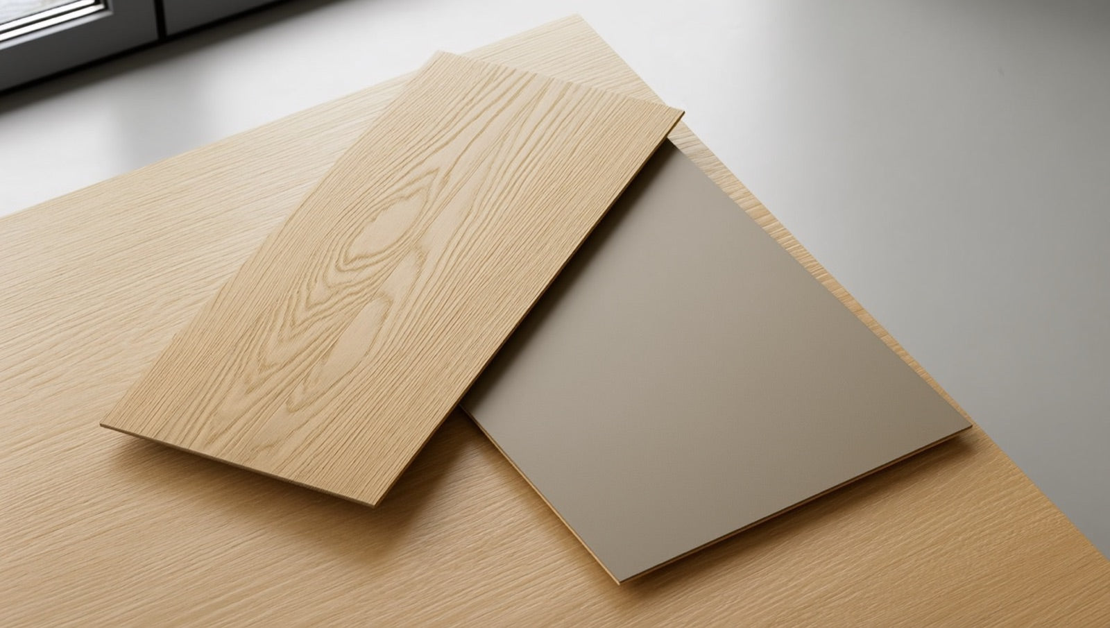 Two flooring sample boards side by side on a showroom table: a wood-look matte porcelain plank with crisp grain printing next to a softer-surfaced oak-tone LVT plank