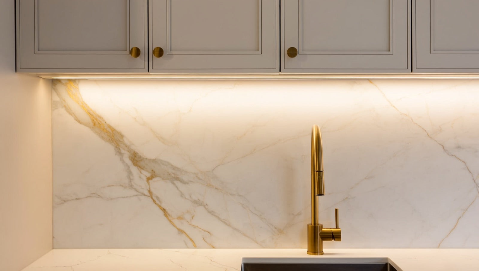 Marble-look porcelain tile backsplash running from quartz countertop to ceiling behind a brass faucet