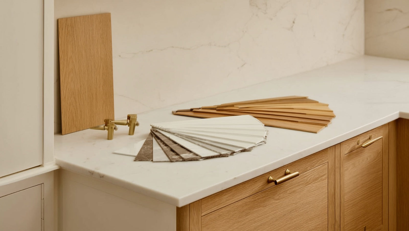 Renovated kitchen with two-tone cabinets, quartz countertop and marble-look porcelain backsplash in warm daylight
