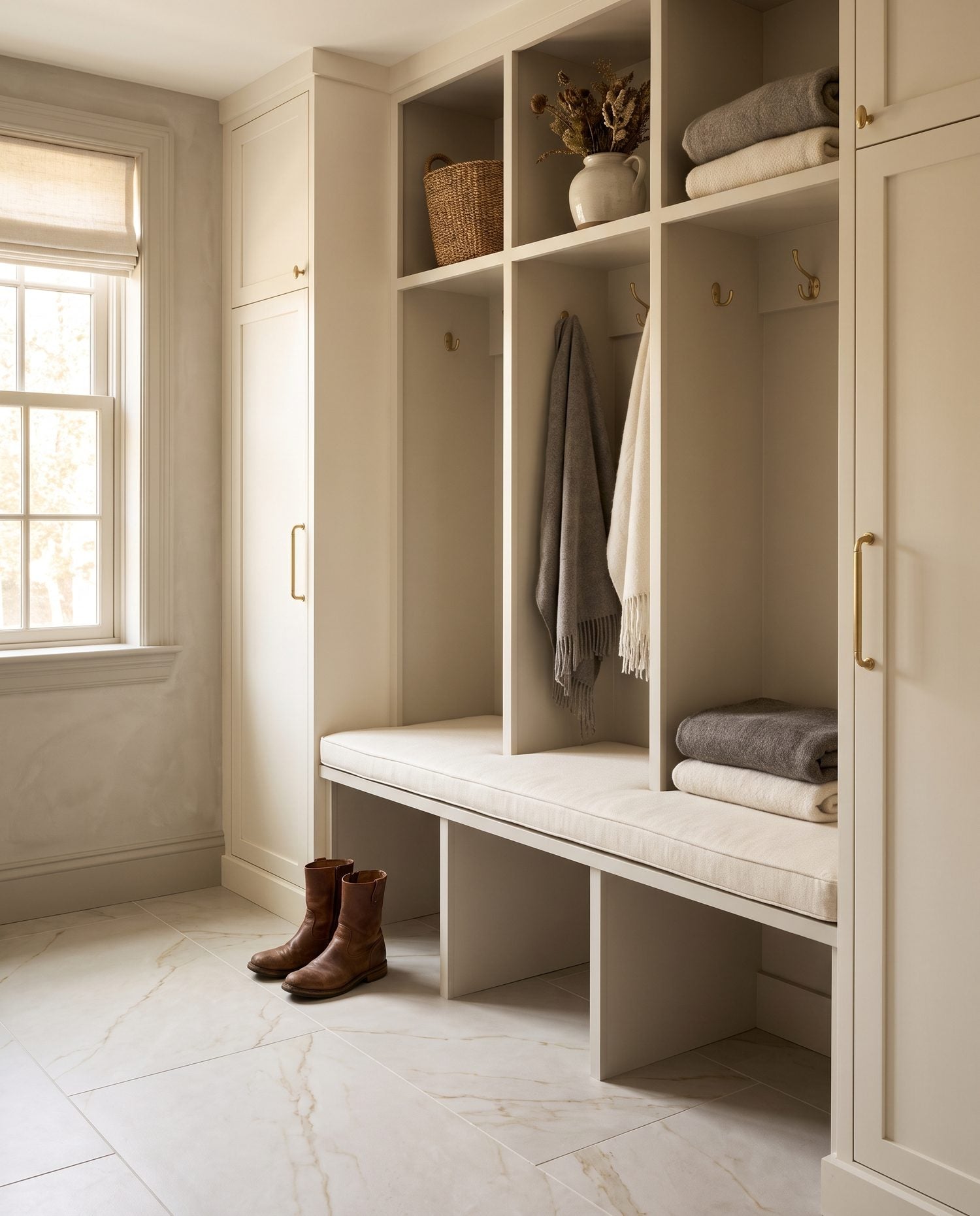 A mudroom bench and cubby unit above a matte porcelain tile floor, with a pair of boots set nearby in warm, tidy daylight.