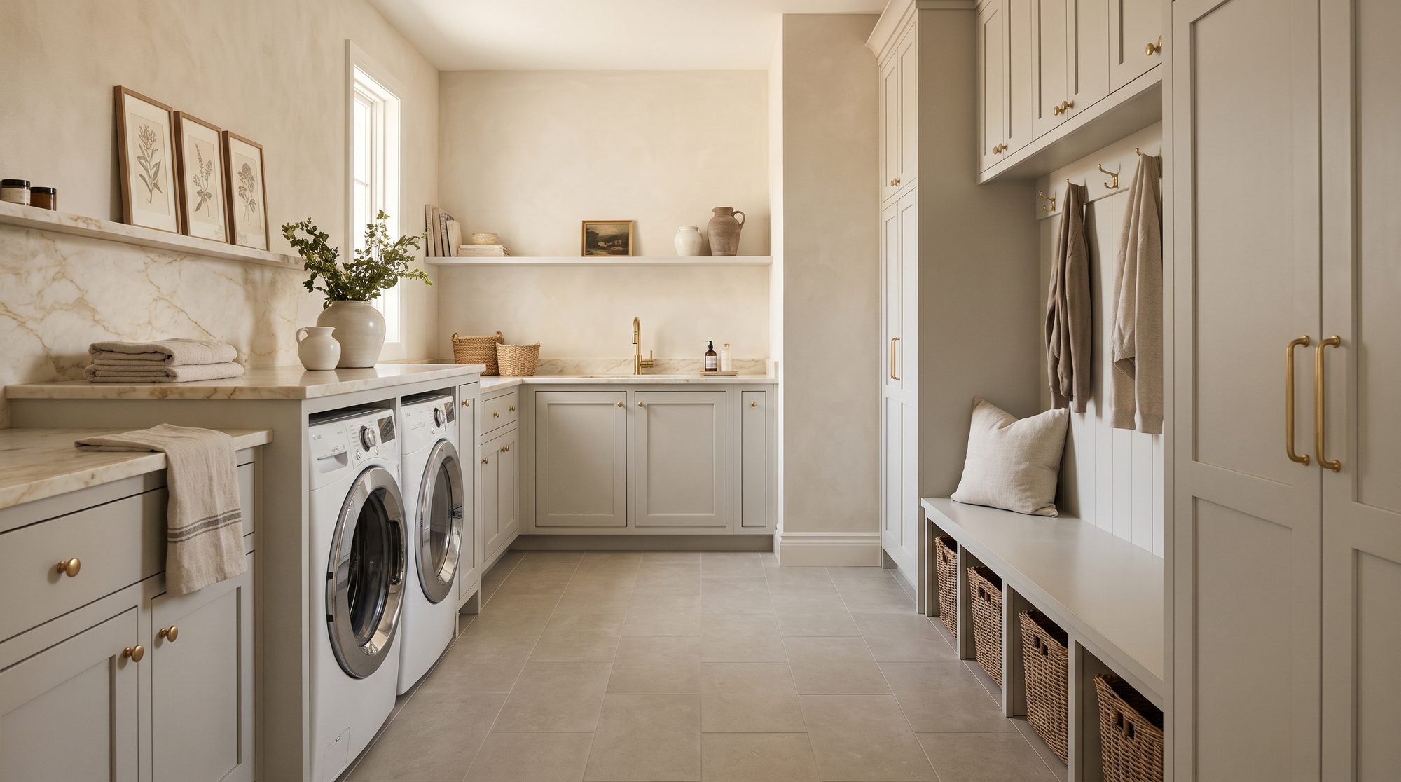 A bright laundry room and mudroom floored in matte porcelain tile, with a washer, a dryer, a built-in bench with cubbies, and pale cabinetry in soft daylight.