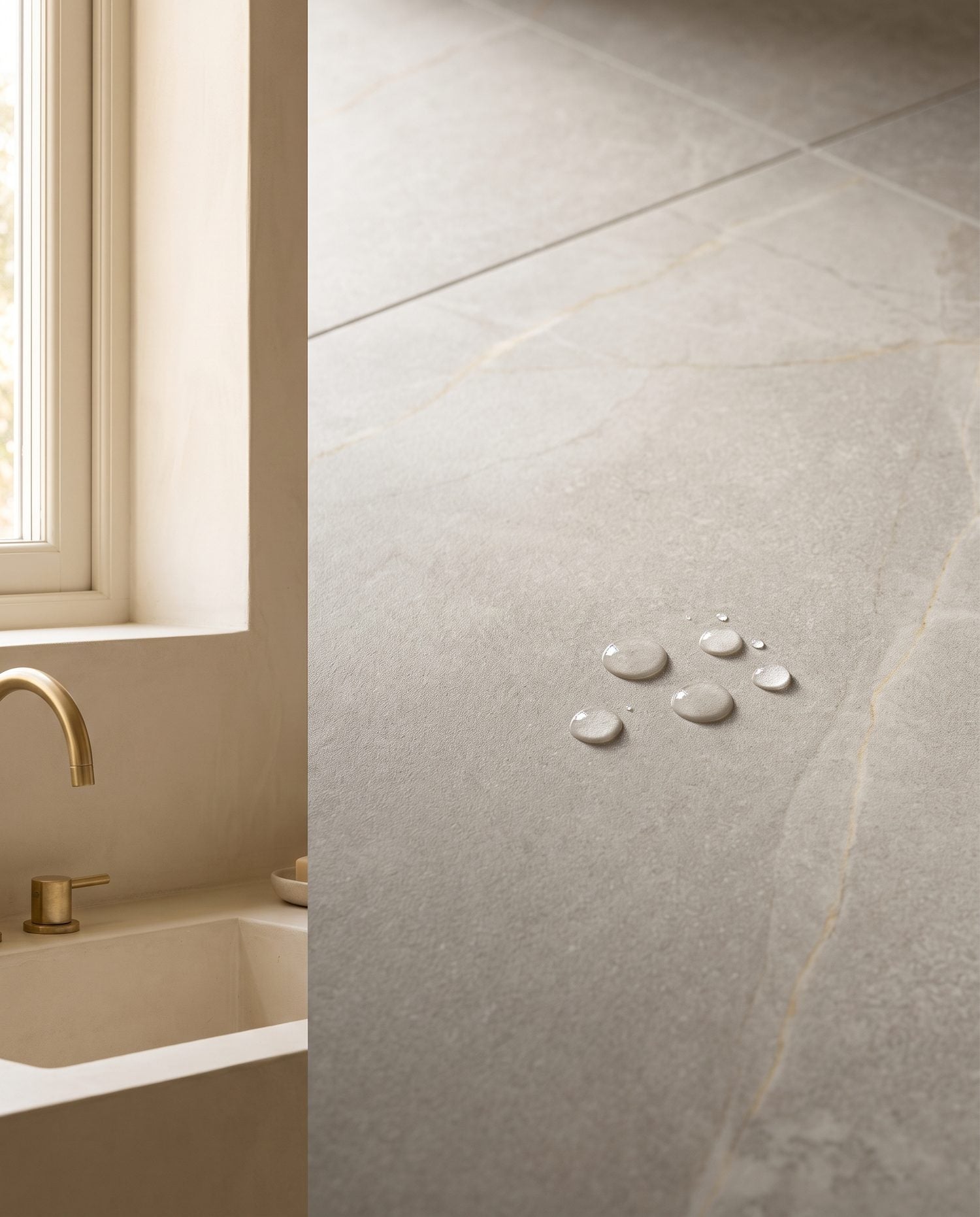 Close-up of a matte porcelain floor tile with water beading on the surface, showing its dense, low-absorption, easy-clean texture.