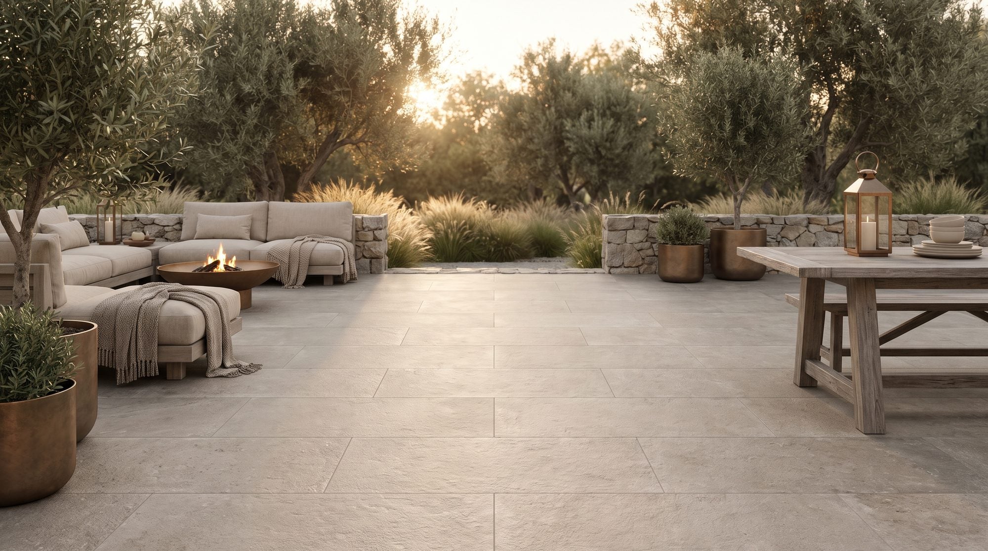 Wide golden-hour backyard patio surfaced in warm greige 2cm porcelain pavers with lounge and dining zones