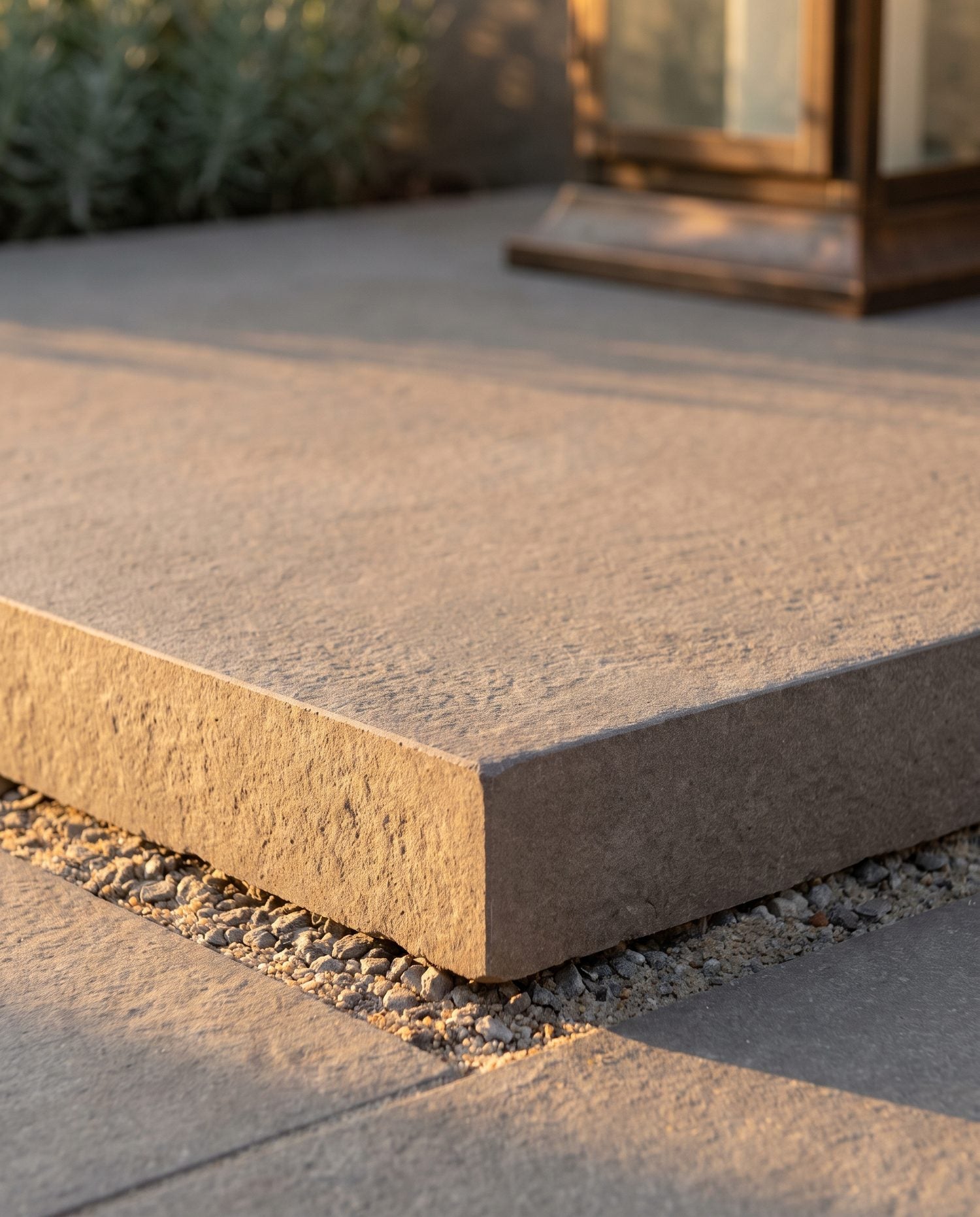 Tight detail of a 2cm porcelain patio paver edge showing thickness and warm greige surface texture