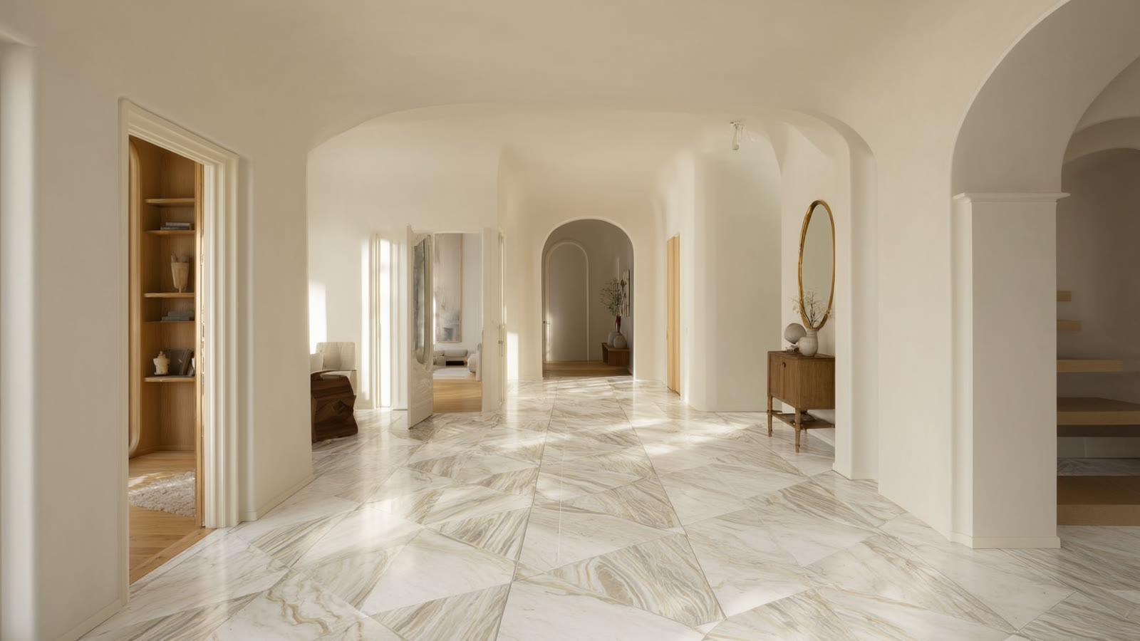A marble-look porcelain floor laid in a herringbone pattern with a contrasting mosaic border, styled with cream plaster walls and soft brass accents in the ANVE look.