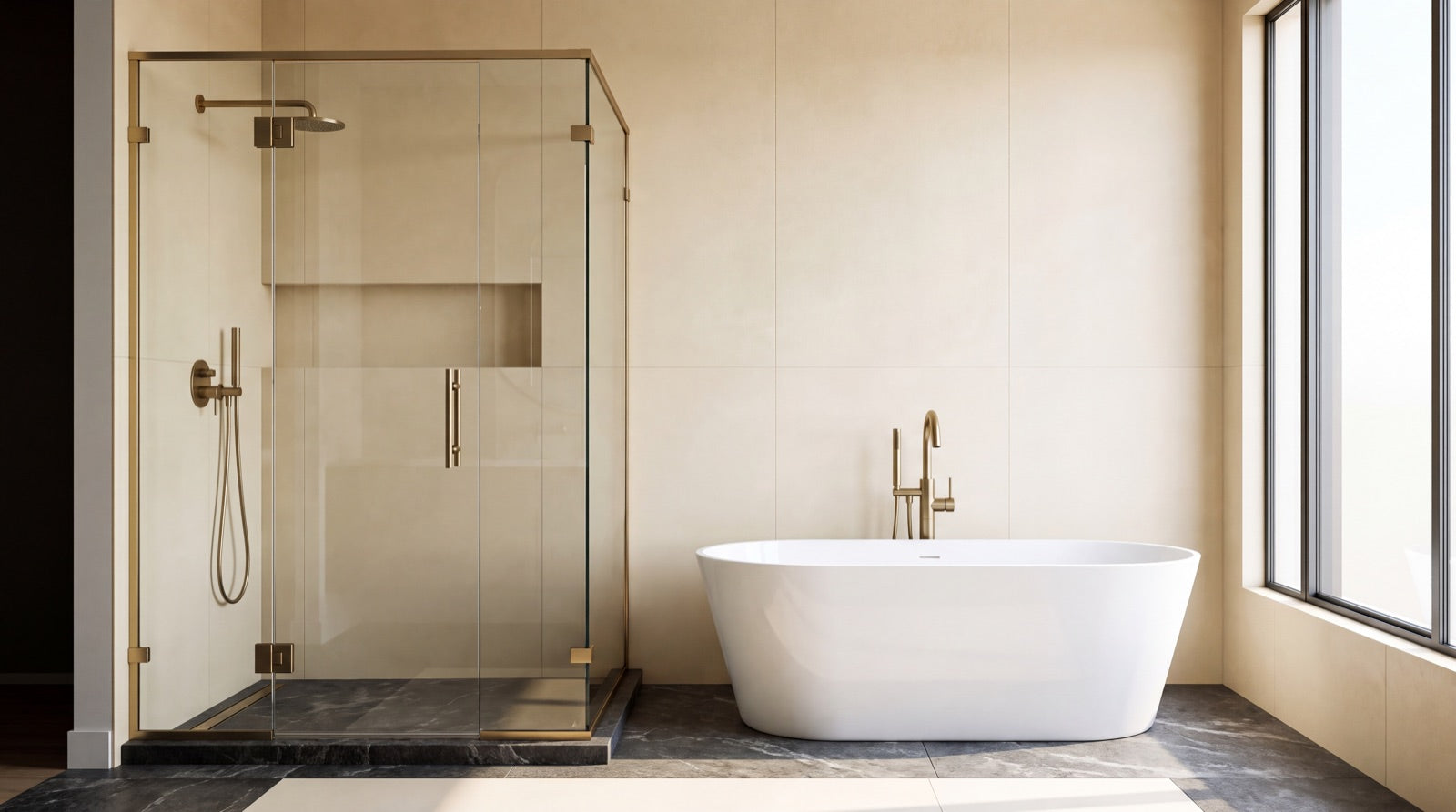 A frameless glass shower enclosure with brushed-gold hardware beside a white freestanding tub with a brushed-brass tub filler in the ANVE Paramus, New Jersey showroom.