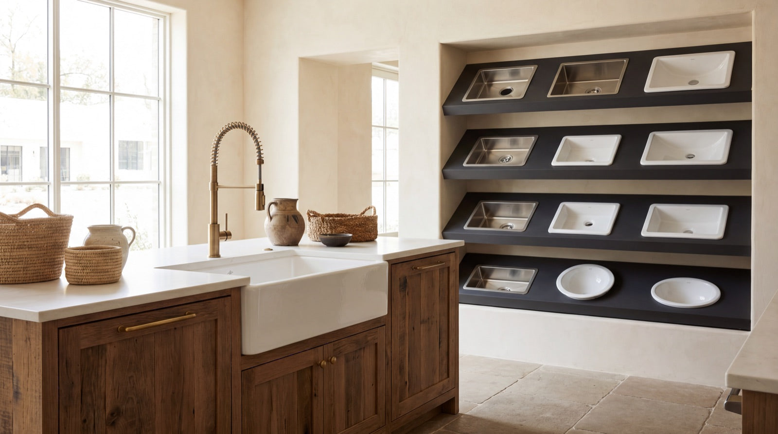 A white fireclay farmhouse sink with a brushed-brass faucet beside a display of undermount and ceramic sinks in the ANVE Paramus, New Jersey showroom.