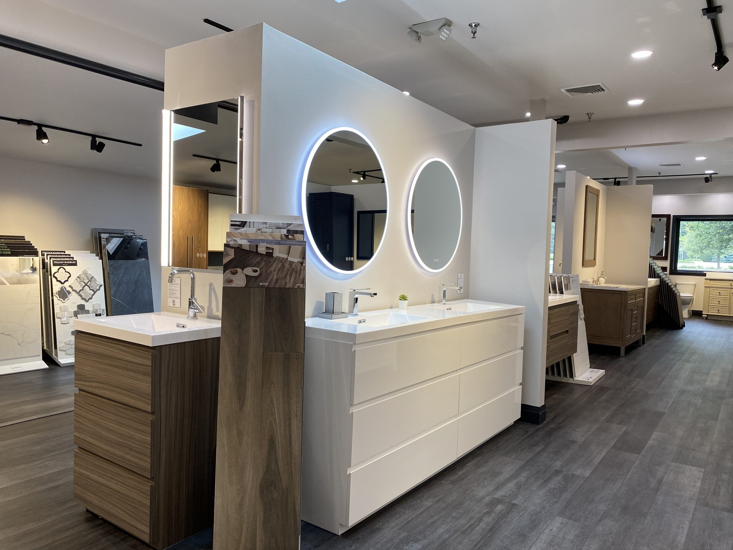 Tile and finish sample displays arranged for comparison at the ANVE showroom in Paramus