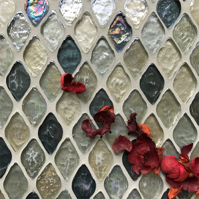 Mosaic accent tile in beige, gray, and iridescent tones