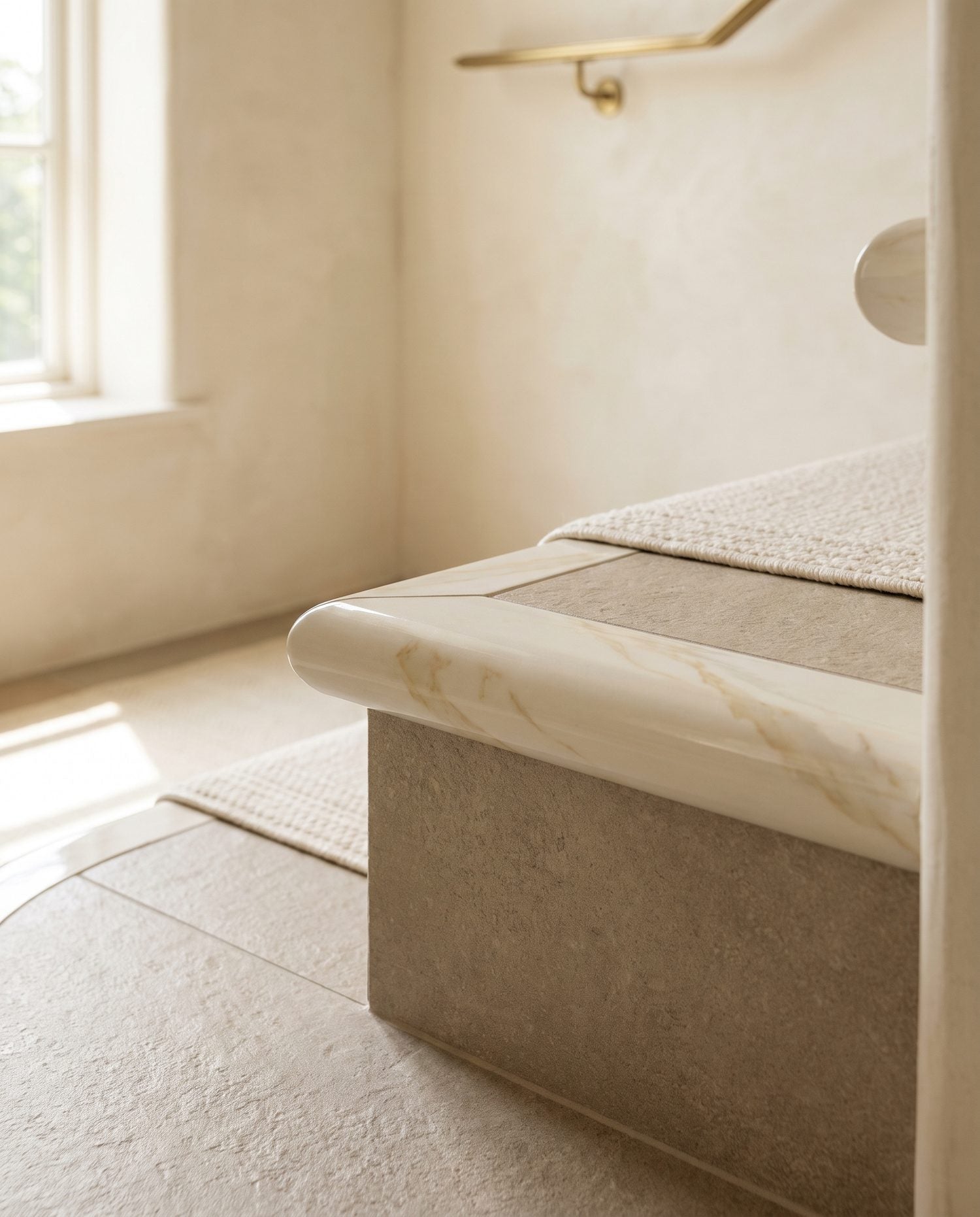 A close detail of a tiled stair nosing and bullnose trim over a matte porcelain tread, showing the finished step edge.