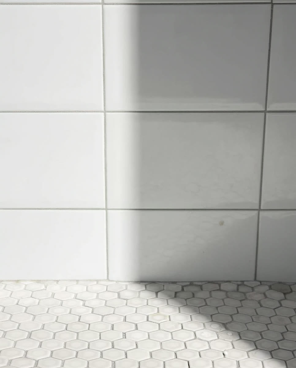 A matte white hexagon mosaic shower pan meeting glossy subway wall tile at a clean grout transition.