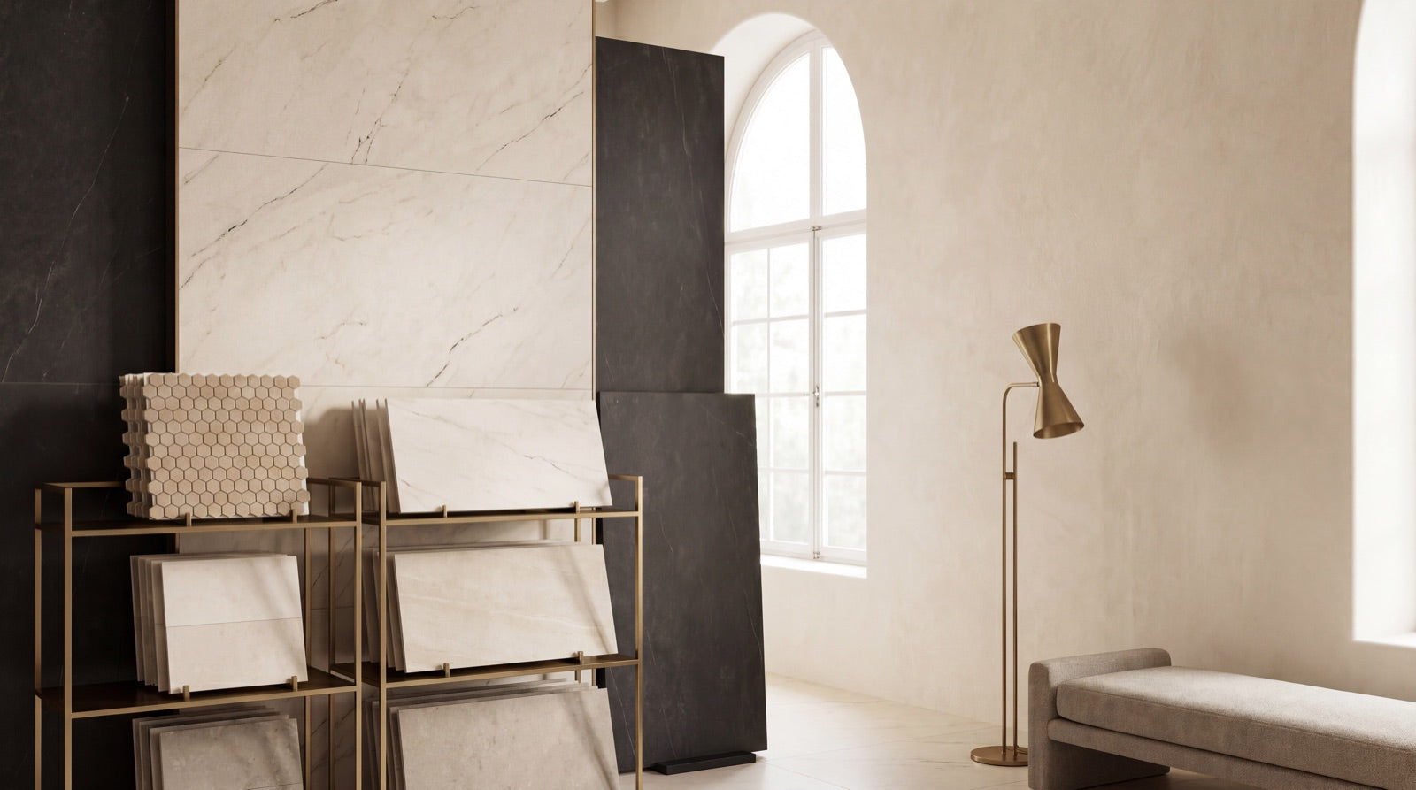 A display wall of large-format marble-look porcelain tiles and a porcelain slab with hexagon mosaic sample boards in the ANVE Paramus, New Jersey showroom.