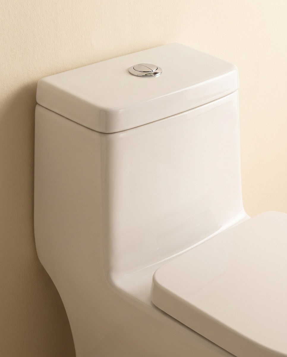 A detail of a skirted one-piece white toilet with a dual-flush button.