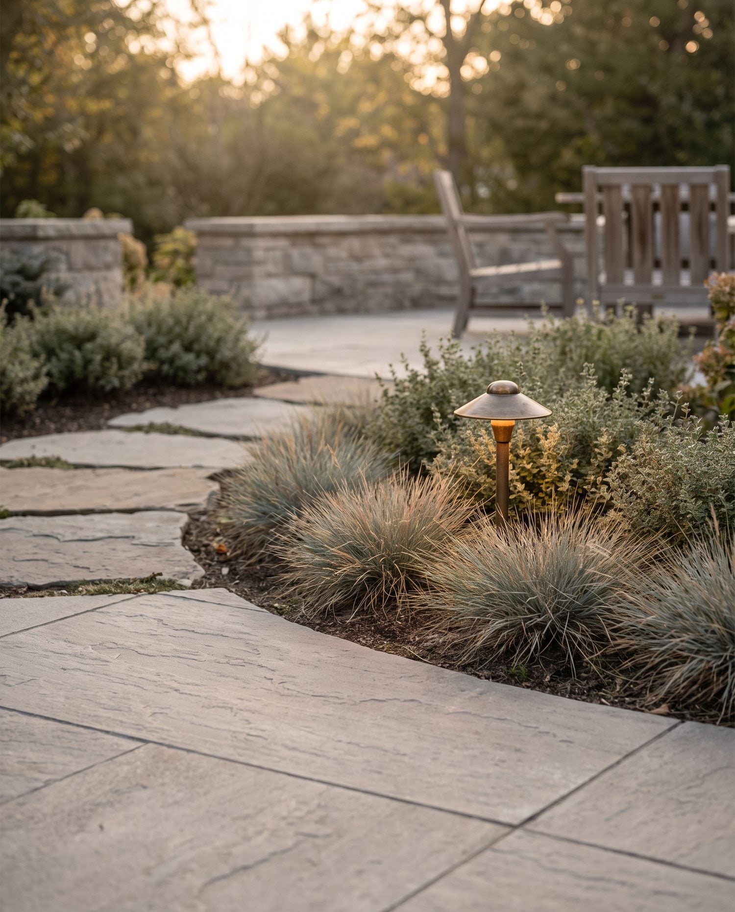 A styled garden corner with a porcelain stepping-stone run winding through planted beds beside a bronze path light.
