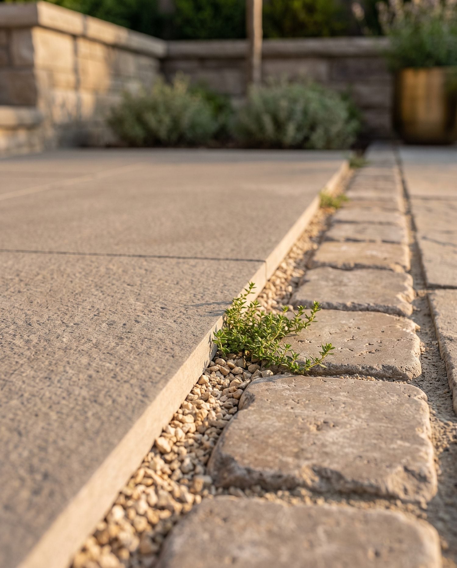 Close detail of a 2cm porcelain paver path edge set against a Belgian block cobble border with a gravel-set joint.