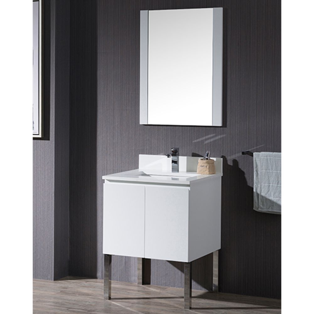 Monaco Modern 24" Bathroom Vanity Set with Mirror and Chrome Legs, Matte White