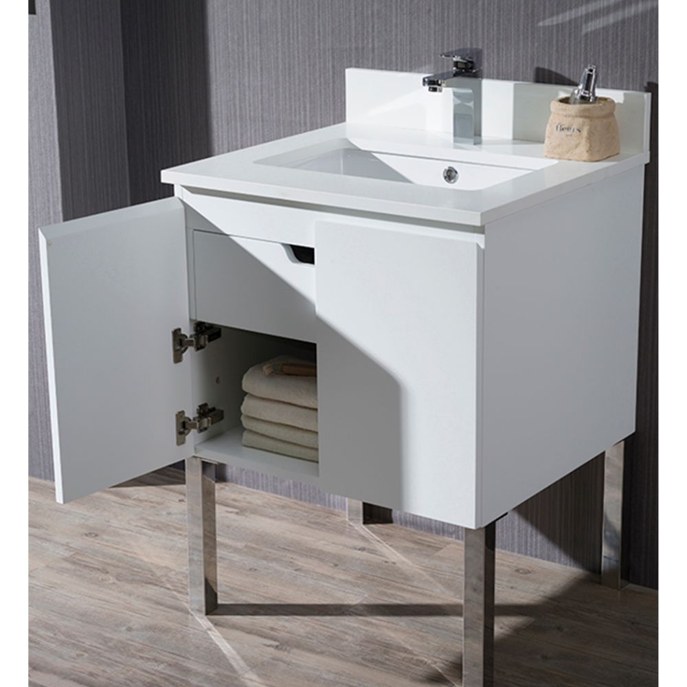 Monaco Modern 24" Bathroom Vanity Set with Mirror and Chrome Legs, Matte White