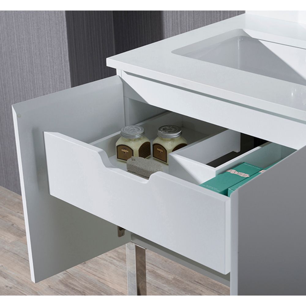 Monaco Modern 24" Bathroom Vanity Set with Mirror and Chrome Legs, Matte White