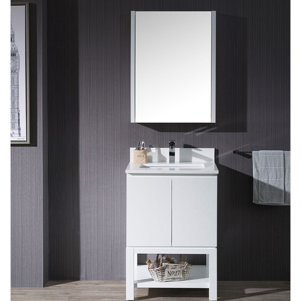 Monaco Modern 24" Bathroom Vanity Set with Mirror and Wood Legs, Matte White Monaco Modern 24" Bathroom Vanity Set with Mirror and Wood Legs, Matte White
