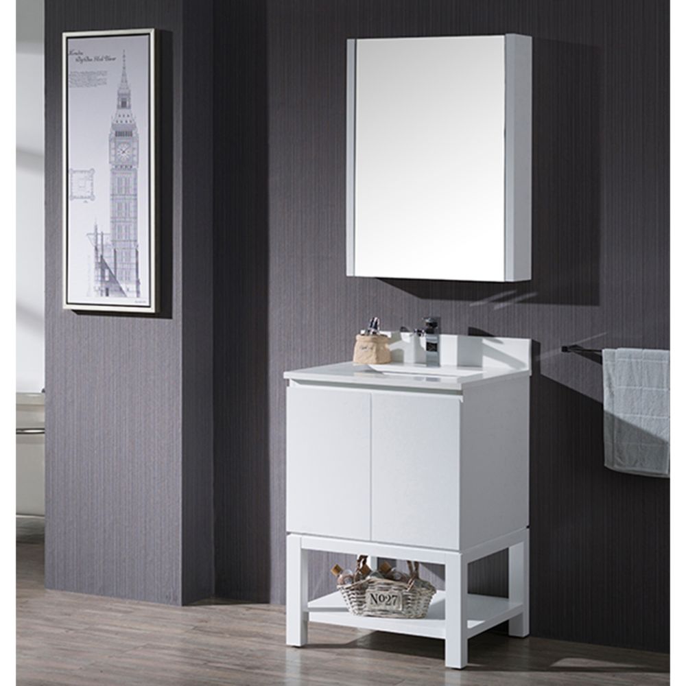 Monaco Modern 24" Bathroom Vanity Set with Mirror and Wood Legs, Matte White