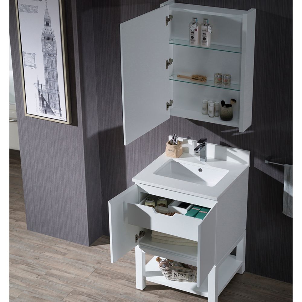 Monaco Modern 24" Bathroom Vanity Set with Mirror and Wood Legs, Matte White