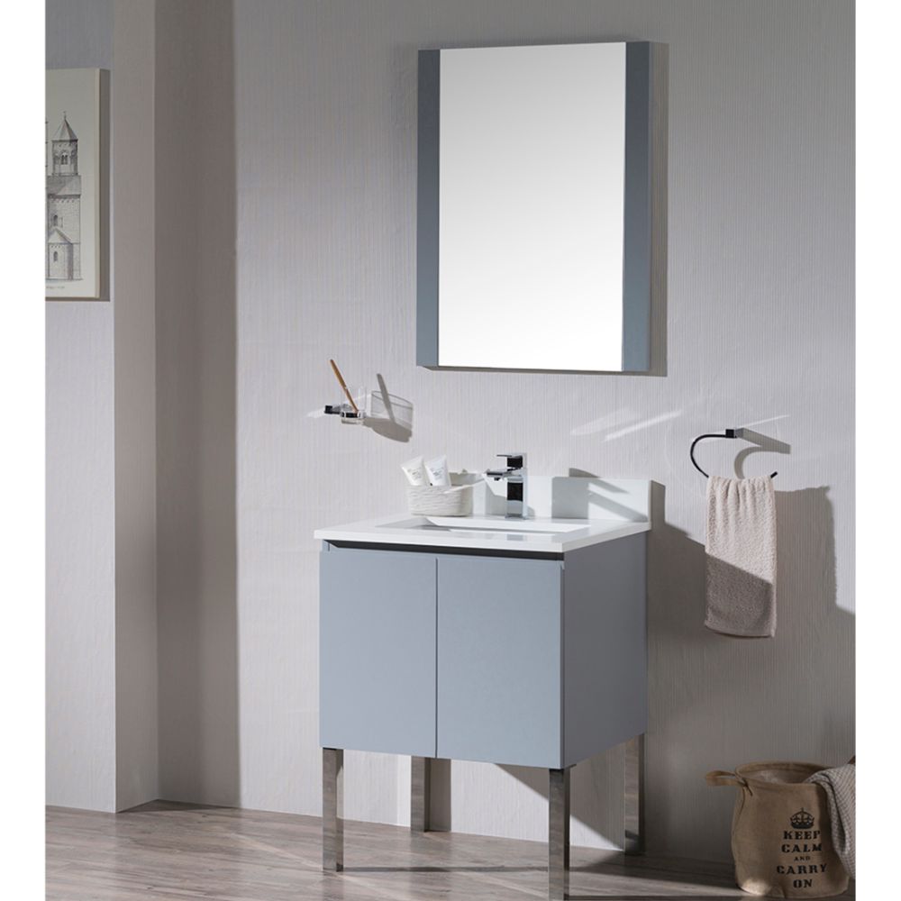 Monaco Modern 24" Bathroom Vanity Set with Mirror and Chrome Legs, Metal Grey