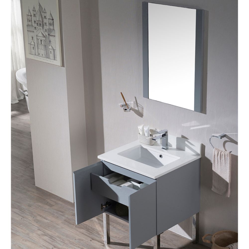 Monaco Modern 24" Bathroom Vanity Set with Mirror and Chrome Legs, Metal Grey
