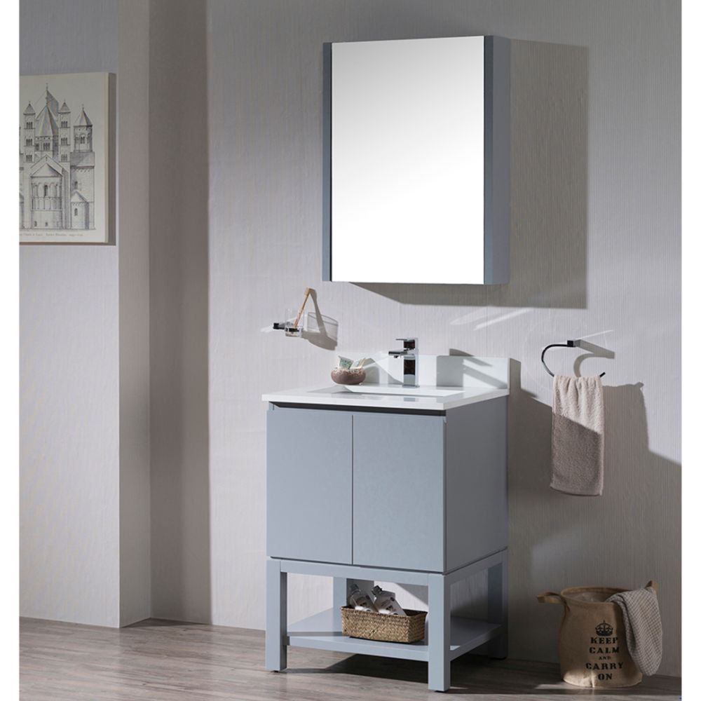 Monaco Modern 24" Bathroom Vanity Set with Medicine Cabinet and Wood Legs, Metal Grey