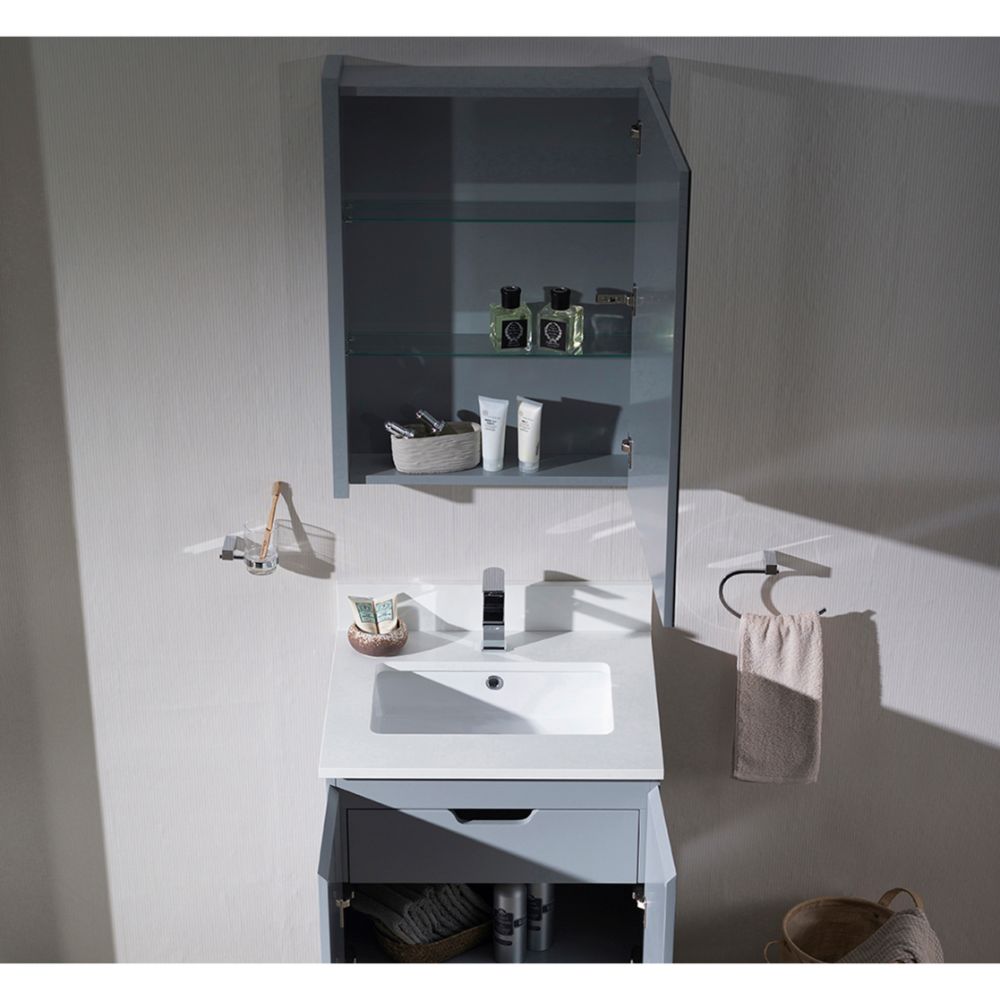 Monaco Modern 24" Bathroom Vanity Set with Medicine Cabinet and Wood Legs, Metal Grey