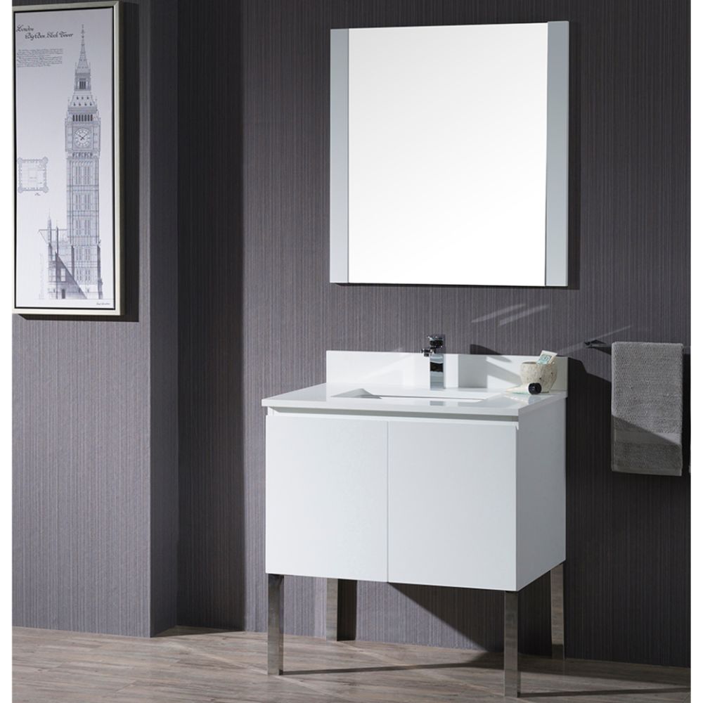 Monaco Modern 30" Matte White Bathroom Vanity Set with Mirror and Chrome Legs