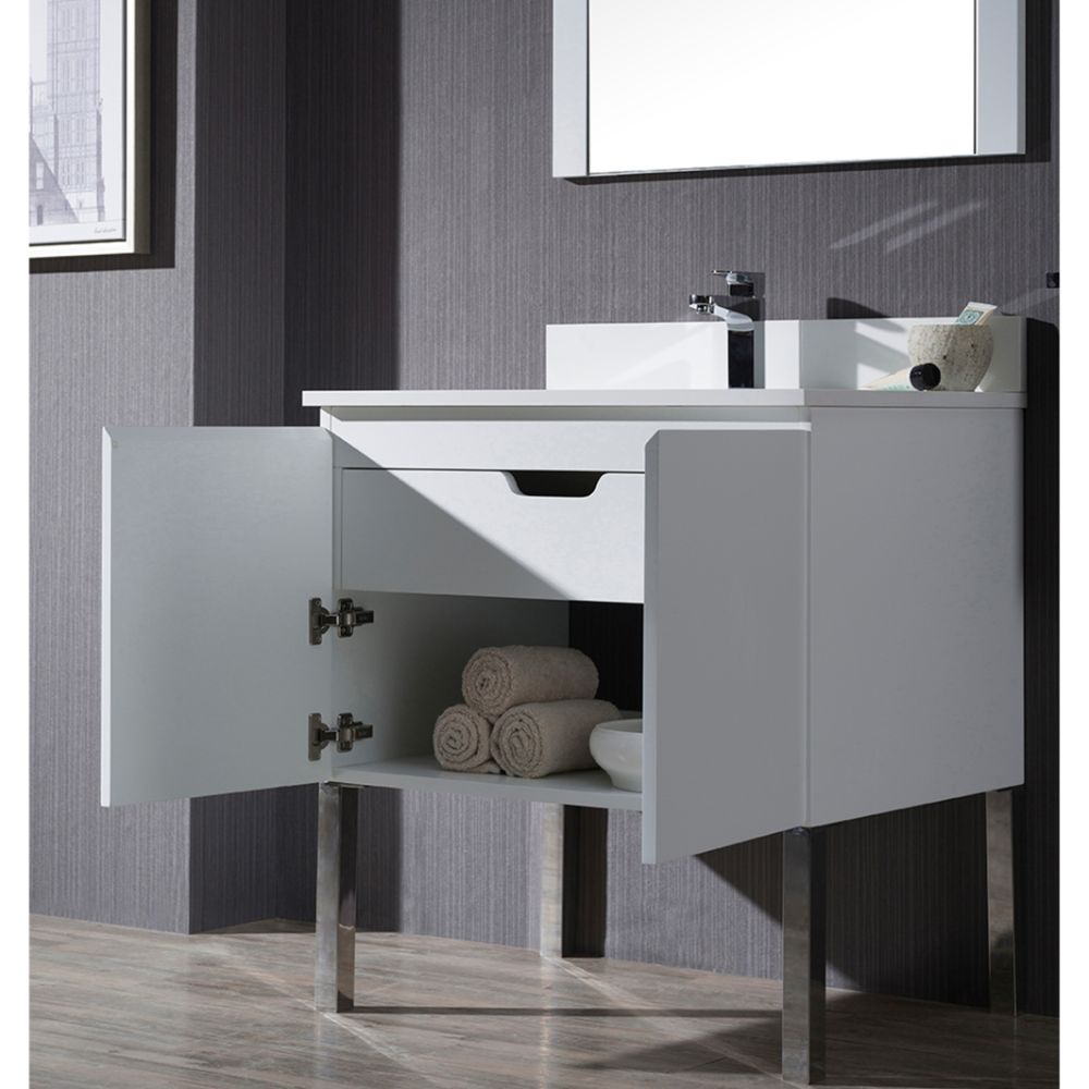Monaco Modern 30" Matte White Bathroom Vanity Set with Mirror and Chrome Legs