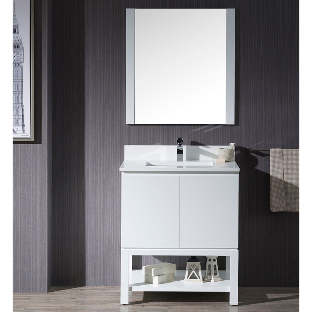 Monaco Modern 30" Matte White Bathroom Vanity Set with Mirror and Wood Legs Monaco Modern 30" Matte White Bathroom Vanity Set with Mirror and Wood Legs