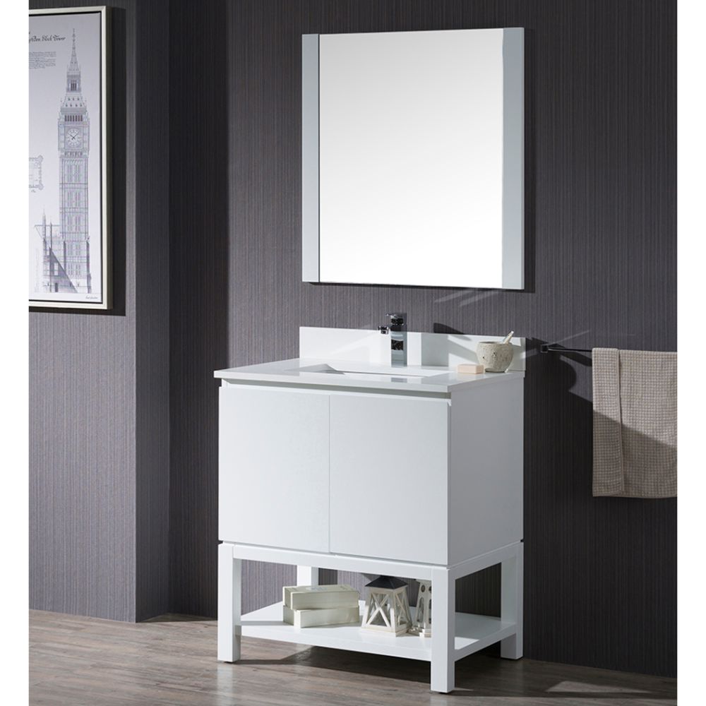 Monaco Modern 30" Matte White Bathroom Vanity Set with Mirror and Wood Legs