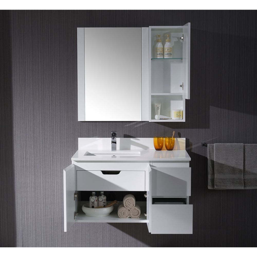 Monaco Modern 36" Matte White Wall Mount Left Bathroom Vanity Set with Mirror and Wall Cabinet