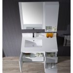 Monaco Modern 36″ Matte White Wall Mount Left Bathroom Vanity Set with Mirror and Wall Cabinet
