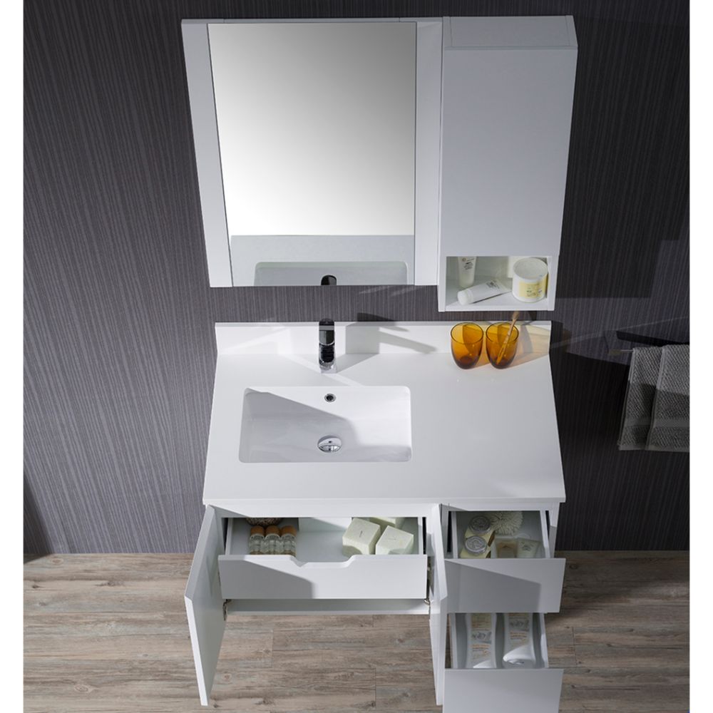 Monaco Modern 36" Matte White Wall Mount Left Bathroom Vanity Set with Mirror and Wall Cabinet