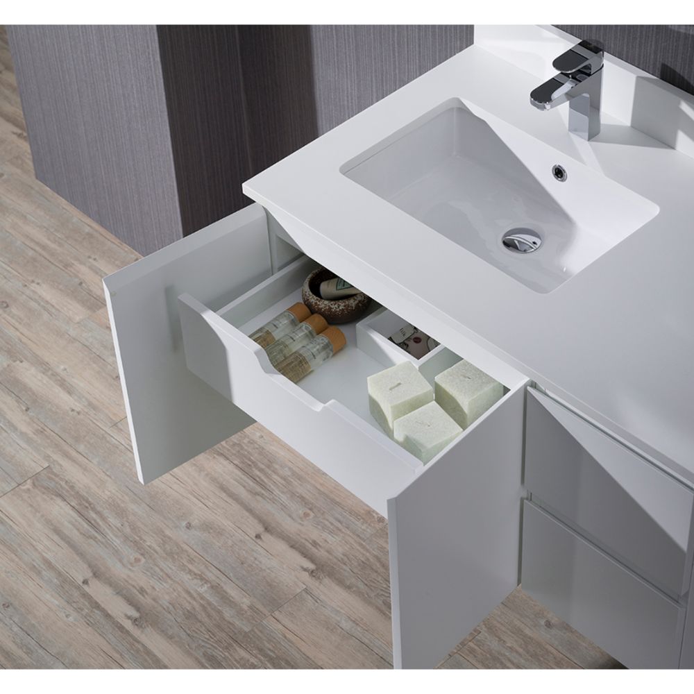 Monaco Modern 36" Matte White Wall Mount Left Bathroom Vanity Set with Mirror and Wall Cabinet