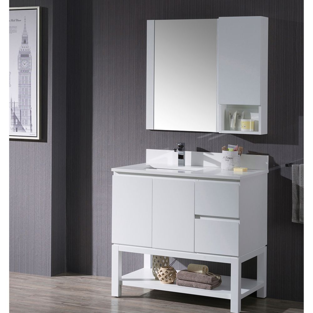 Monaco Modern 36" Matte White Left Bathroom Vanity Set with Mirror, Wall Cabinet and Wood Legs