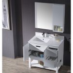 Monaco Modern 36″ Matte White Left Bathroom Vanity Set with Mirror, Wall Cabinet and Wood Legs
