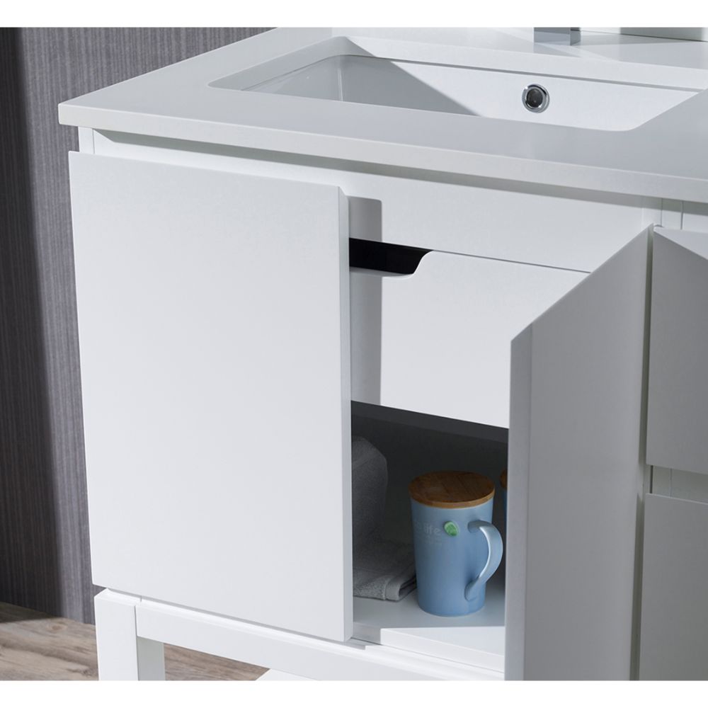 Monaco Modern 36" Matte White Left Bathroom Vanity Set with Mirror, Wall Cabinet and Wood Legs