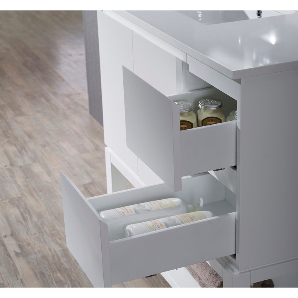 Monaco Modern 36" Matte White Left Bathroom Vanity Set with Mirror, Wall Cabinet and Wood Legs