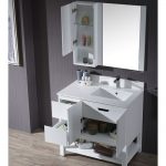 Monaco Modern 36″ Matte White Right Bathroom Vanity Set with Mirror, Wall Cabinet and Wood Legs