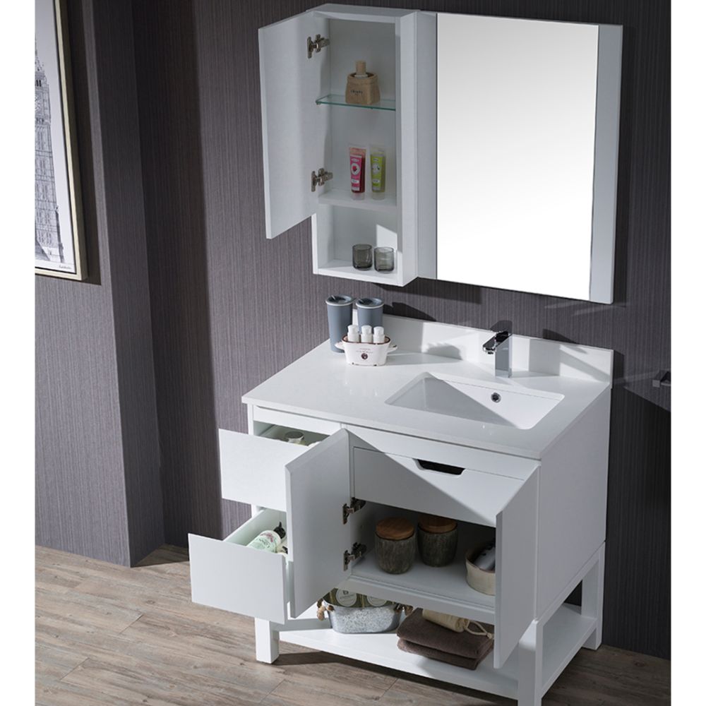Monaco Modern 36" Matte White Right Bathroom Vanity Set with Mirror, Wall Cabinet and Wood Legs