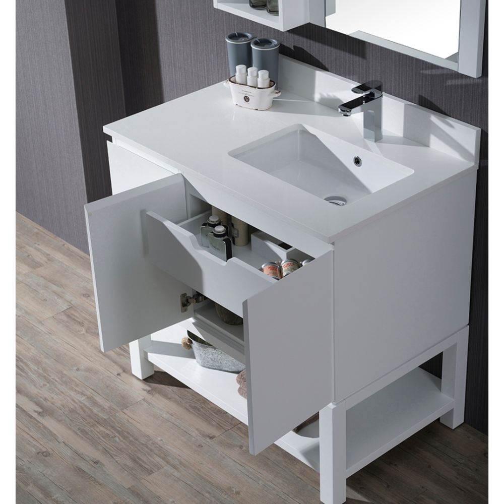 Monaco Modern 36" Matte White Right Bathroom Vanity Set with Mirror, Wall Cabinet and Wood Legs