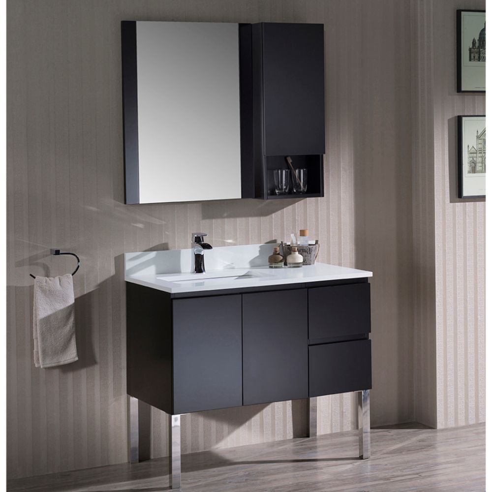Monaco Modern 36" Espresso Left Bathroom Vanity Set with Mirror, Wall Cabinet and Chrome Legs